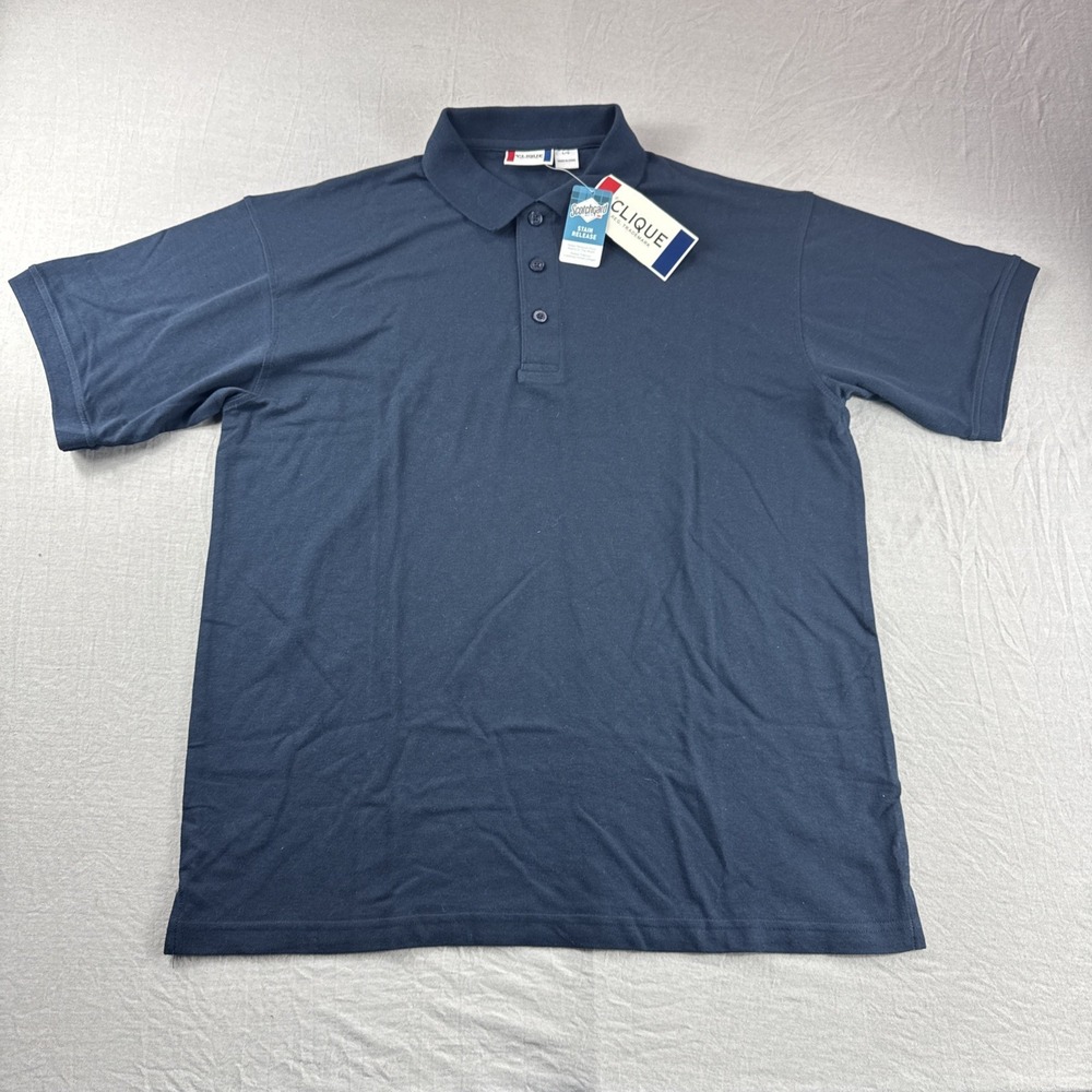 Clique Polo Men L Blue Golf Shirt Short Sleeve Performance Preppy Scotchgard NEW